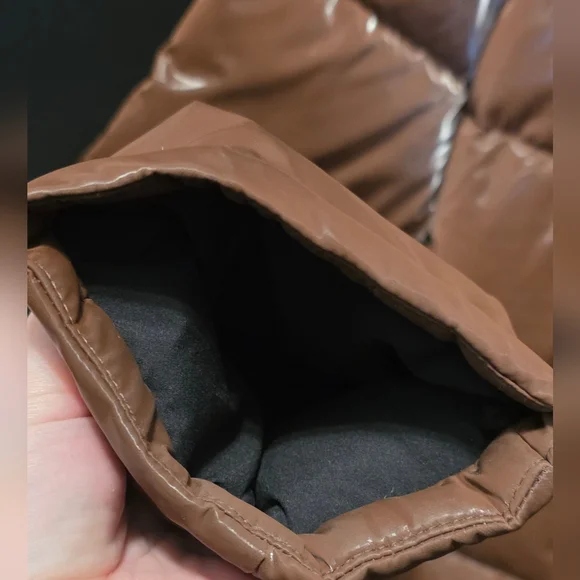 DKNY Quilted Puffer Snow Jacket in Brown Gloss with Faux Fur Hood - Picture 5 of 11